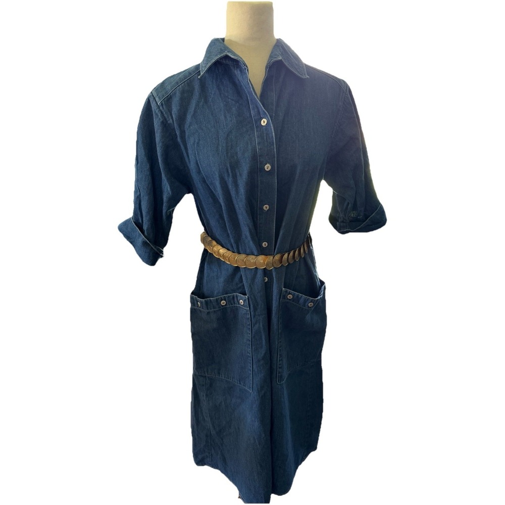 VTG Willi Of California Denim Shirt Dress Western 8 Medium Pockets Pleated Back